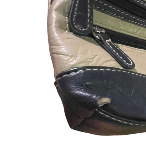 Stone & Co Tumbled Leather Beige & Navy Blue Small Double Zip Shoulder Bag Purse - Picture 13 of 14